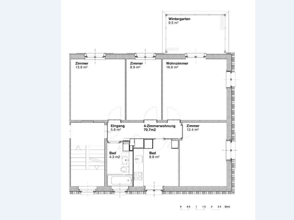 Grundrissplan 4-Zimmerwohnung, Quadratmeter: Eingang 5.7, Bad, 4.3, Küche 8..8, Wohnzimmer 16.6, Zimmer rechts 12.4, Zimmer links 13.9, Zimmer links 8.9, Wintergarten 9.5